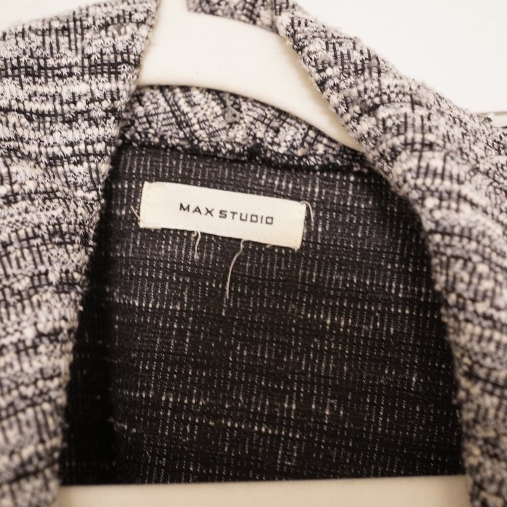 Max Studio Open Front Tweed Cardigan Jacket Black White Frayed Trim - Picture 2 of 4